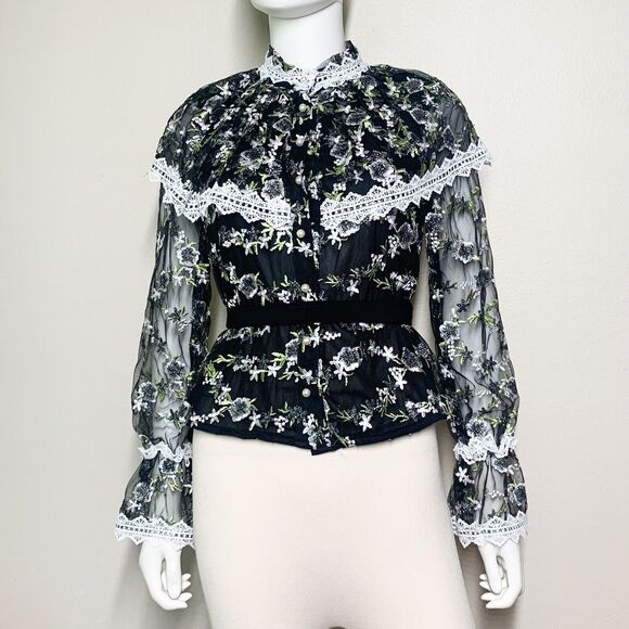 Sister Jane Prickle Organza Blouse XS Black Floral Long Sleeve Button Down Top - Picture 3 of 8